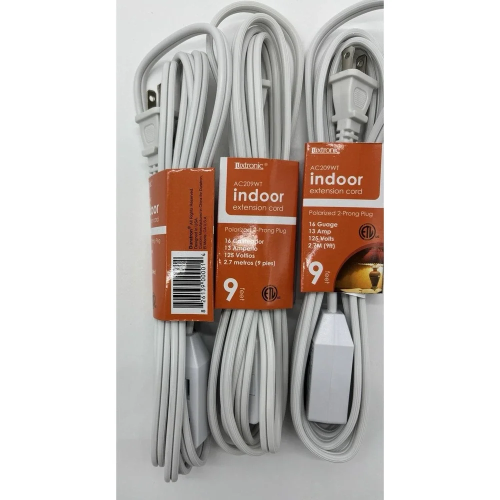 Tuxtronic Indoor Extension Cord 3-Pack‎ (9ft, 16 Gauge, 2-Prong Polarized) White